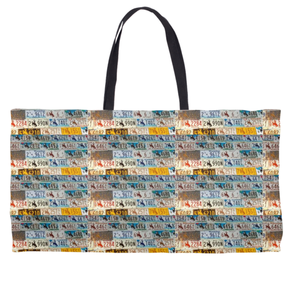 Wyoming License Plate Weekender Totes